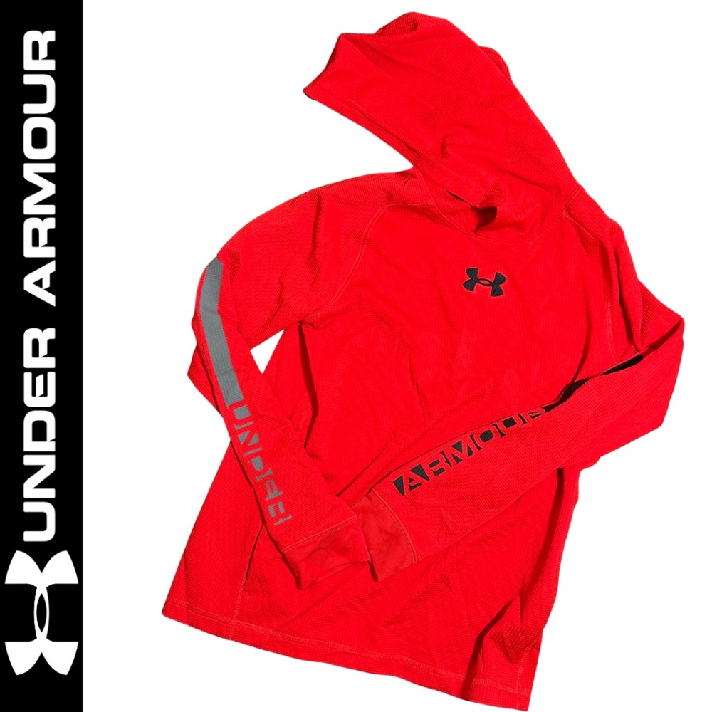 Under Armour Cold Gear Long Sleeve Pullover Red Hooded Waffle Knit Shirt, Large